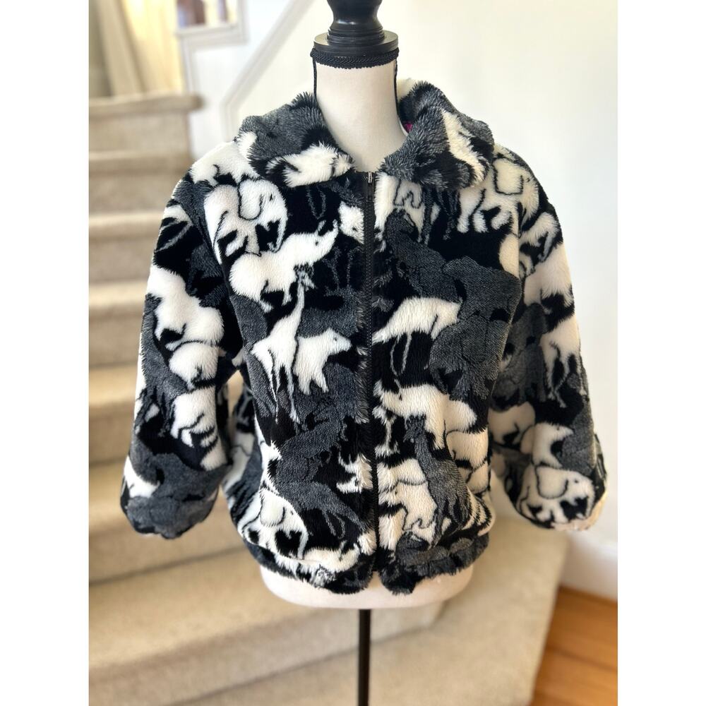 Vintage 90s Black & White Fleece Safari Animal Zip Front Jacket